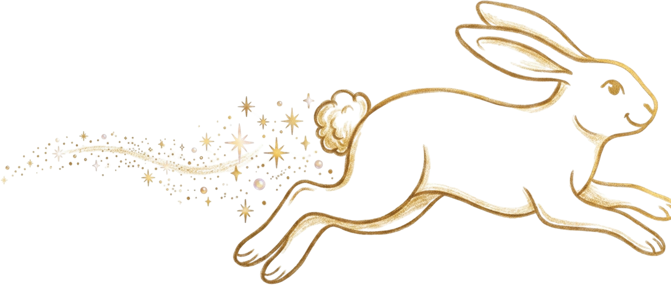 Gold rabbit leaping with a trail of stars