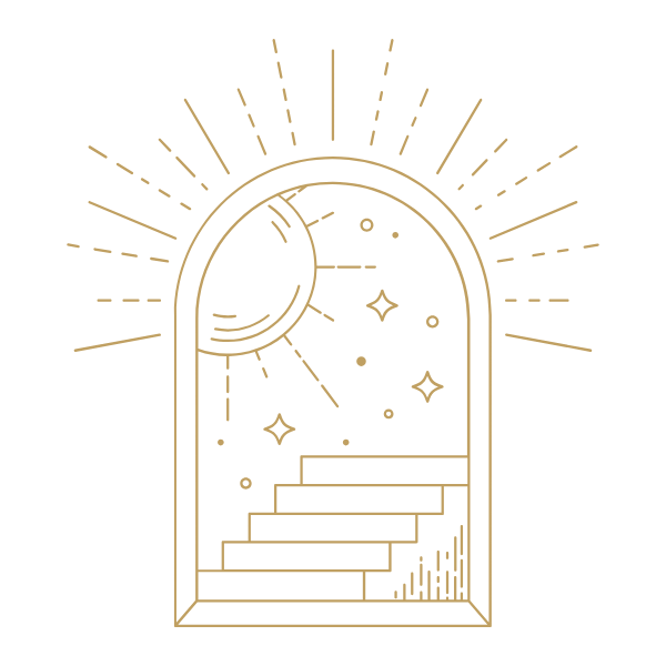 Gold doorway arch with stairs and stars